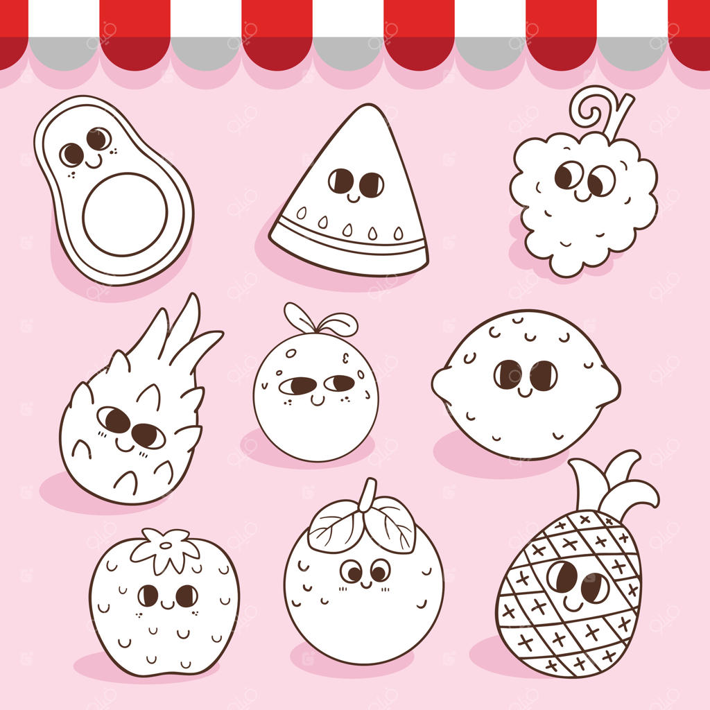 مجموعه تصویرسازی شخصیت‌های کارتونی و دست‌ساز میوه‌ها برای کتاب رنگ‌آمیزی کودکان