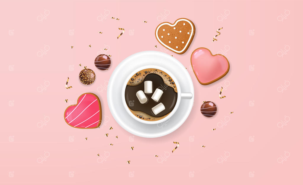 شکلات واقعی، قهوه و کوکی، فروش کارت عشق روز ولنتاین، دسر خوشمزه، پس‌زمینه صورتی، کنفتی طلایی، مفهوم رمانتیک