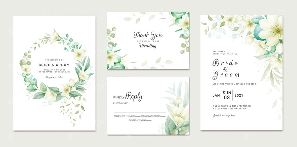 مجموعه قالب دعوتنامه عروسی با قاب و حاشیه گل‌های آبرنگی نرم - طرحی زیبا برای طراحی کارت دعوتنامه