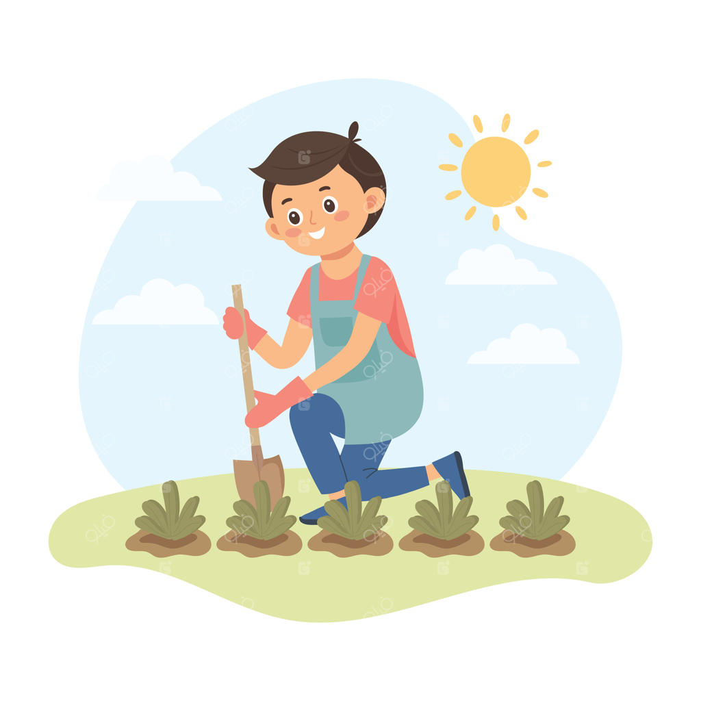 پسرک با بیلچه از گیاهی مراقبت می‌کند. باغبان بامزه در بهار. تصویرسازی بامزه به سبک مسطح.