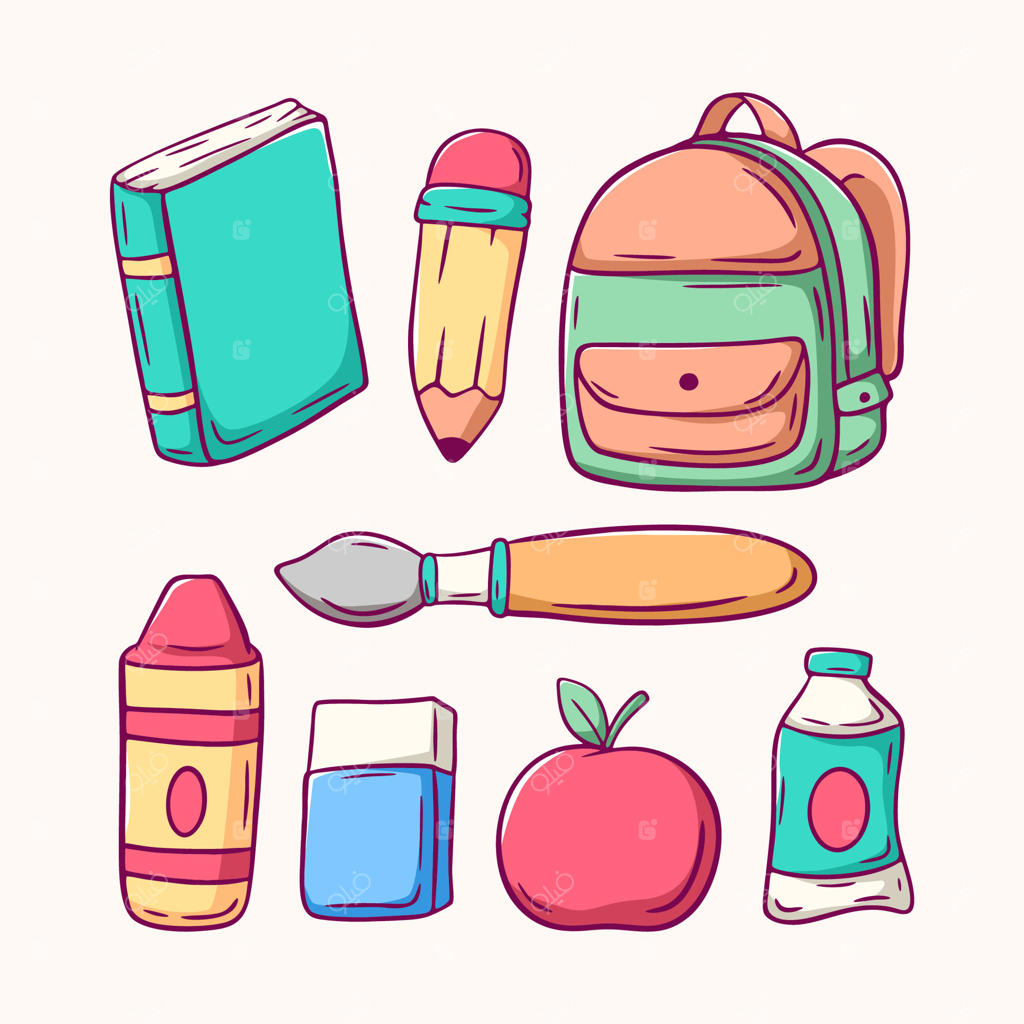مجموعه‌ای از تصاویر کارتونی لوازم‌التحریر شامل کتاب، مداد و کوله‌پشتی