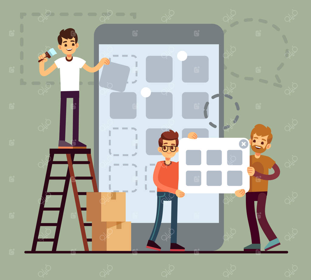 طراحی رابط کاربری برای تلفن همراه توسط افراد. فناوری برنامه‌های موبایل به صورت وکتور و ساده. تصویرسازی از توسعه اپلیکیشن تلفن همراه و رابط کاربری موبایل.