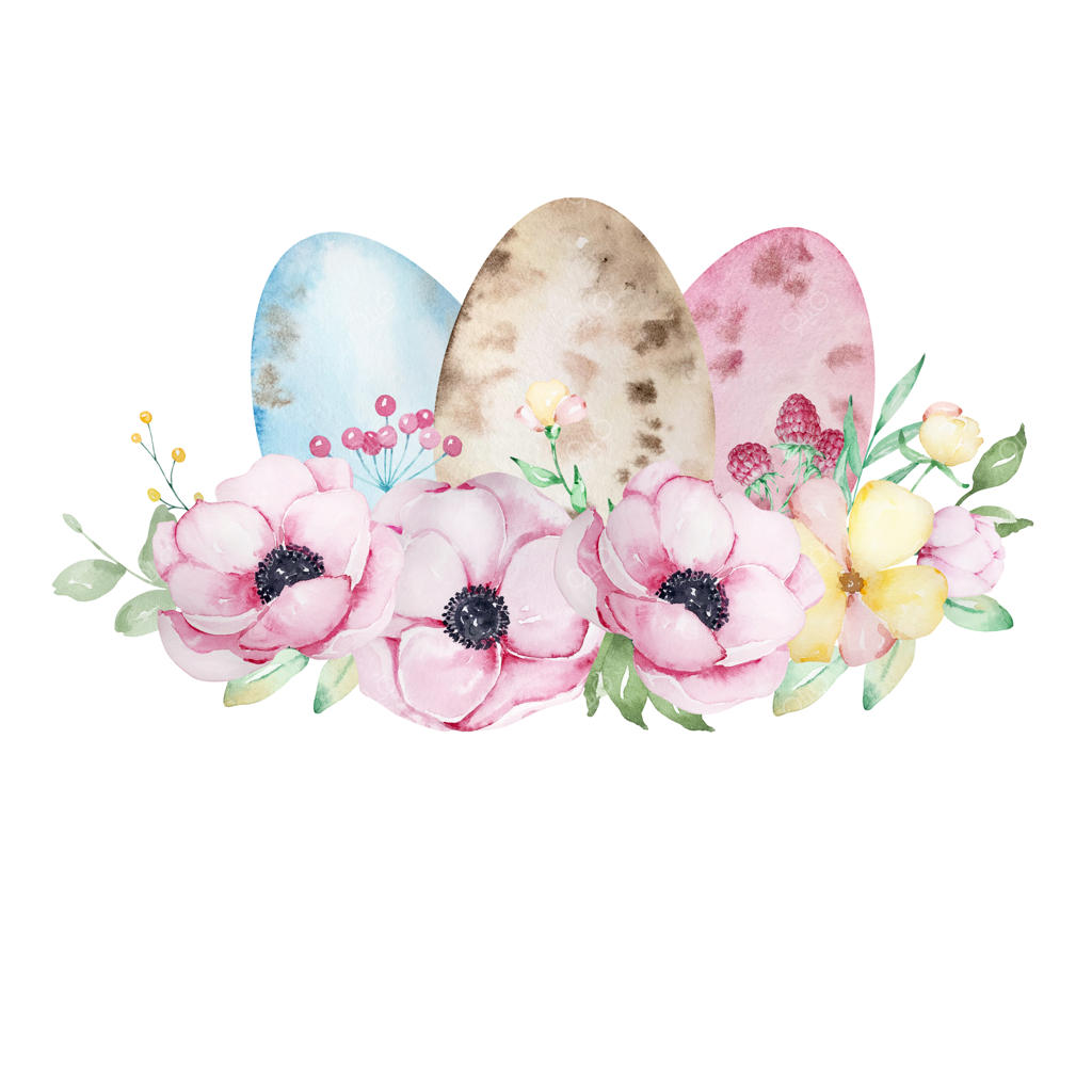 ترکیب آبرنگی تخم‌مرغ‌های عید پاک با دسته‌ای از گل‌ها و برگ‌های شقایق. عید پاک دوست‌داشتنی