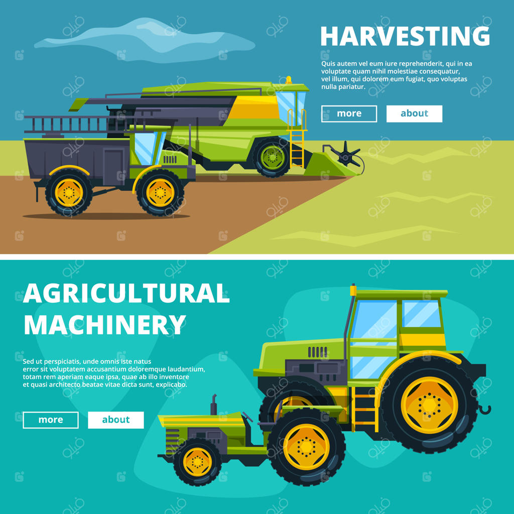 بنرهایی با تصویرسازی ماشین‌آلات کشاورزی: مزرعه، تراکتور و ماشین‌آلات کشاورزی وکتوری