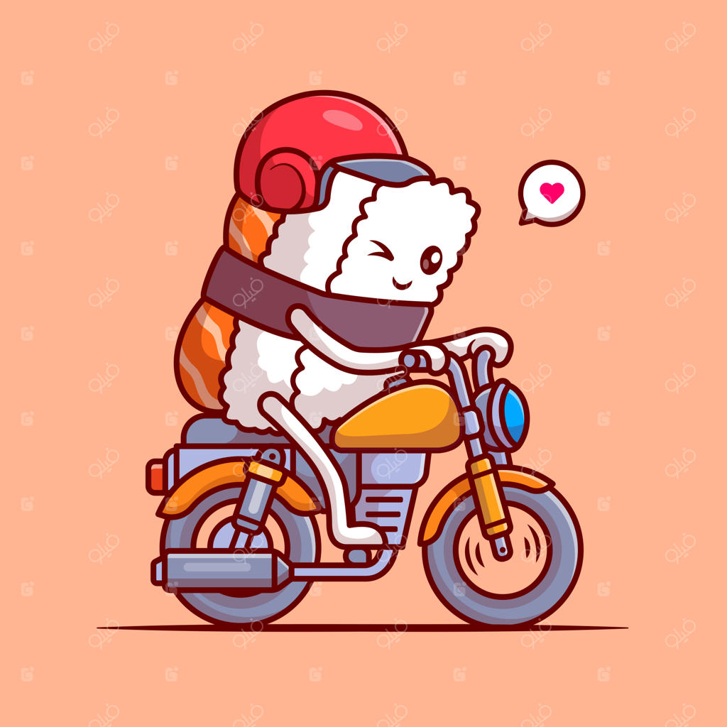 تصویر کارتونی بامزه سوشی سوار بر موتور سیکلت - آیکون تخت غذا و حمل و نقل