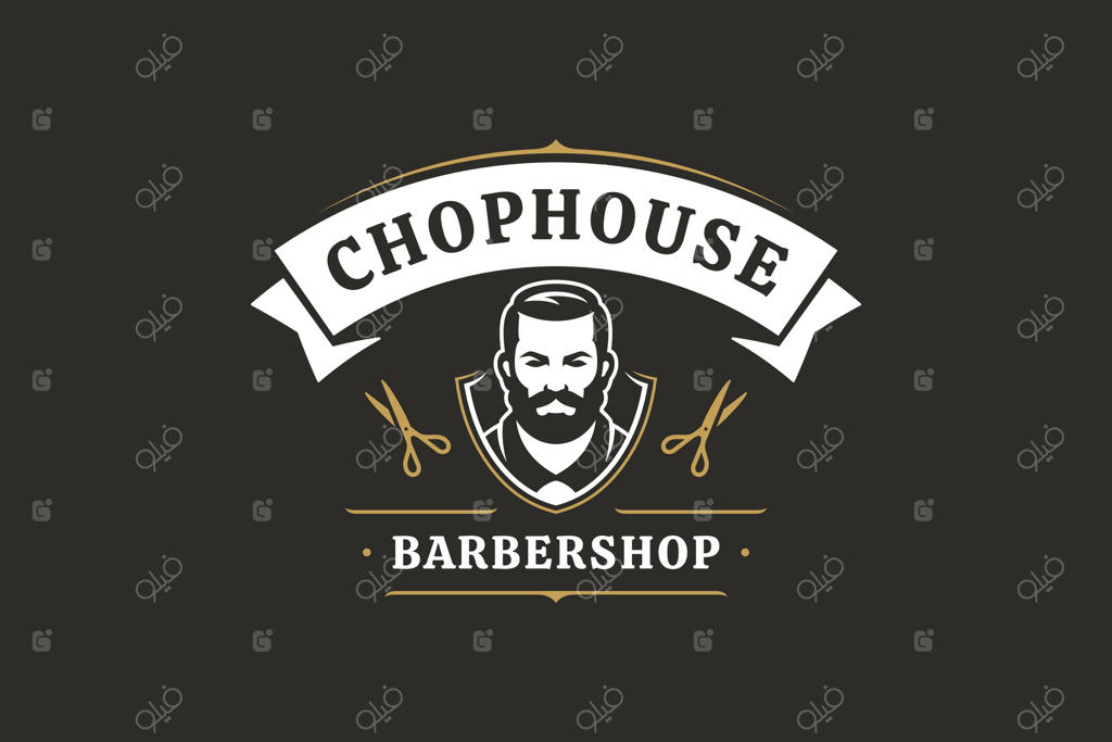 لوگوی کلاسیک آرایشگاه با طراحی سپر قدیمی و عناصر قیچی