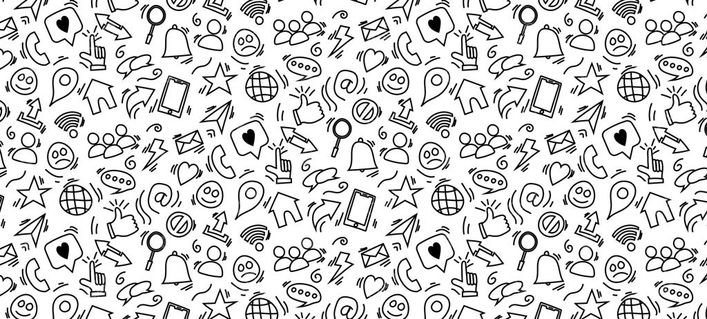 الگوی بدون درز پس‌زمینه با آیکون‌های دودل و بامزه شبکه‌های اجتماعی