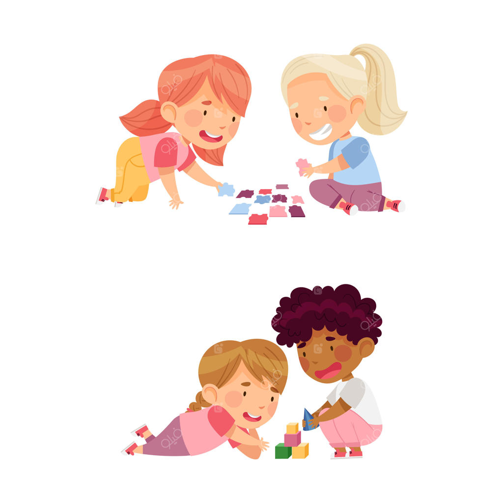 پسری و دختری در حال بازی با بلوک‌های اسباب‌بازی و حل پازل. مفهوم آموزش و پرورش در تصویر کارتونی