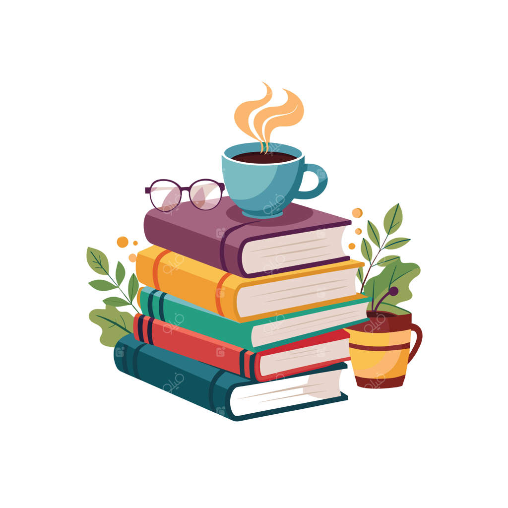 یک دسته کتاب با یک فنجان قهوه روی آن