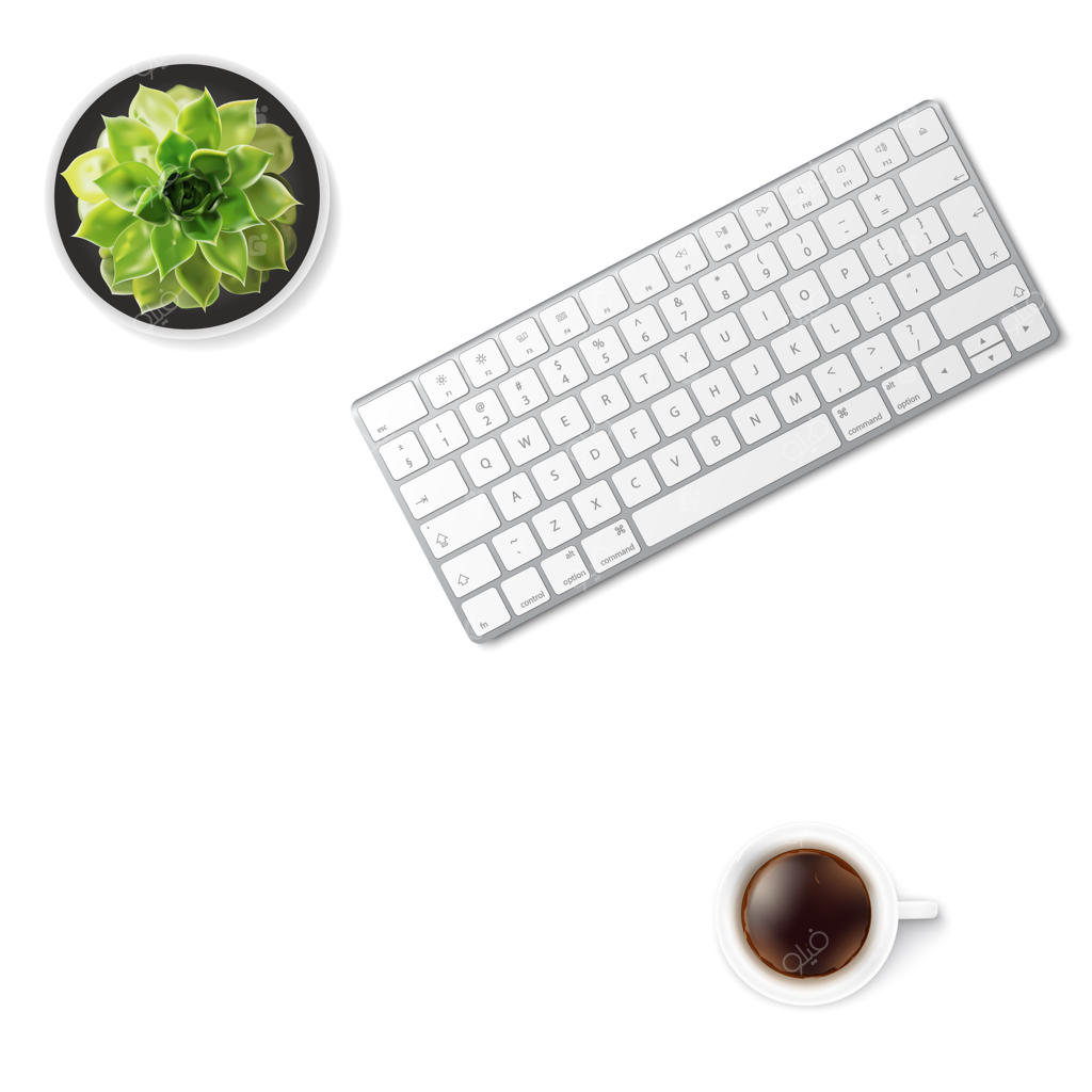 میز کار سفید با کیبورد بی‌سیم آلومینیومی، فنجان قهوه و گل ساکولنت در گلدان، نمای بالا