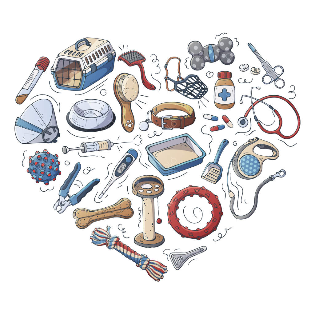 لوازم دامپزشکی برای مراقبت از گربه‌ها و سگ‌ها. برداری.