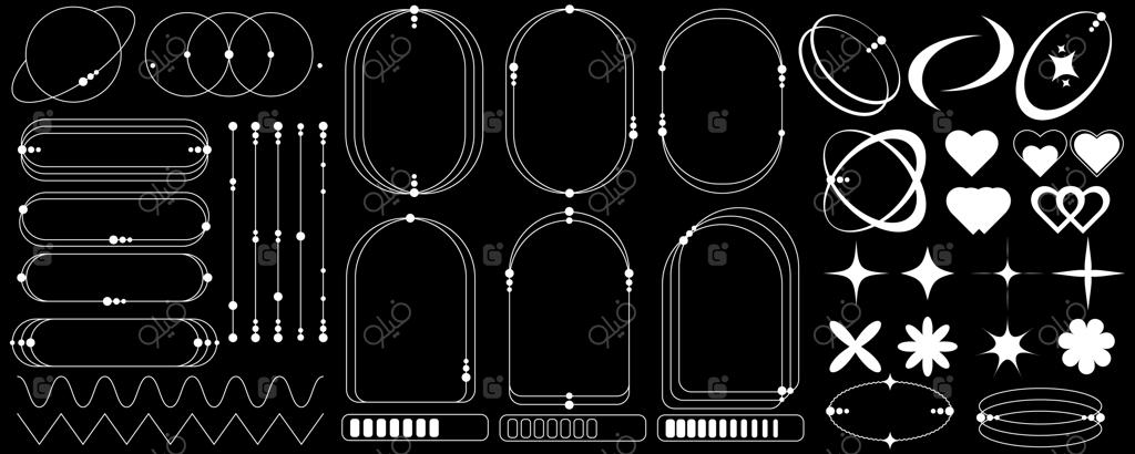 مجموعه عناصر هندسی با استایل ترندی دهه ۹۰ شامل قاب، پولک، قلب، گل و ستاره