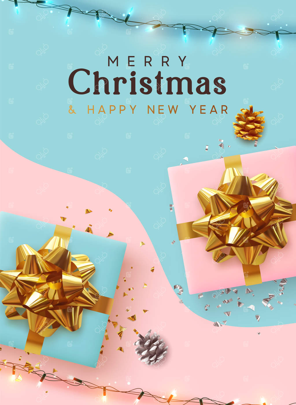 کریسمس مبارک و سال نو خوش. پس‌زمینه کریسمس با جعبه‌های هدیه صورتی و آبی واقعی، چراغ‌های زینتی نورانی، بنر تعطیلات، پوستر، کارت تبریک. بروشور تبلیغاتی با رنگ‌های ملایم.