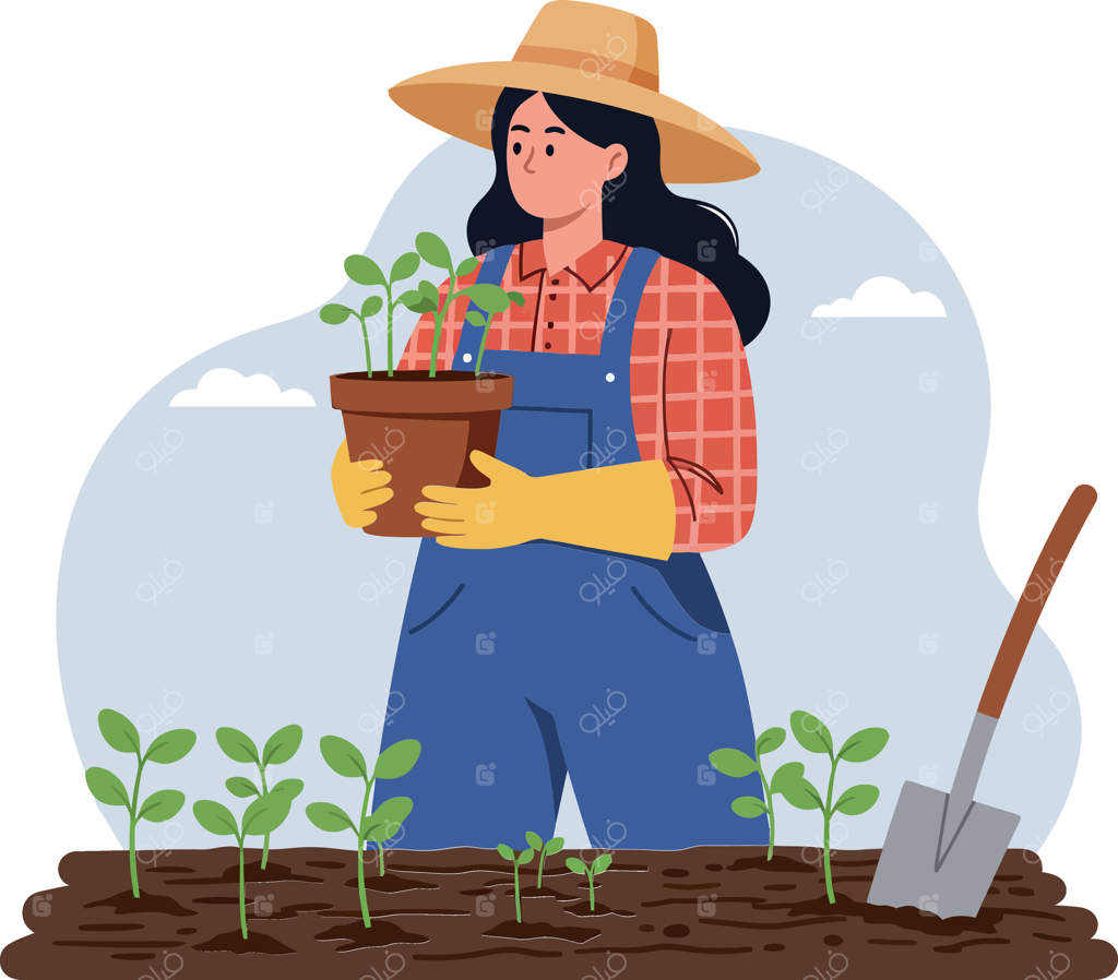 باغبان با گلدان در مزرعه آفتابی به سبک هنر تخت