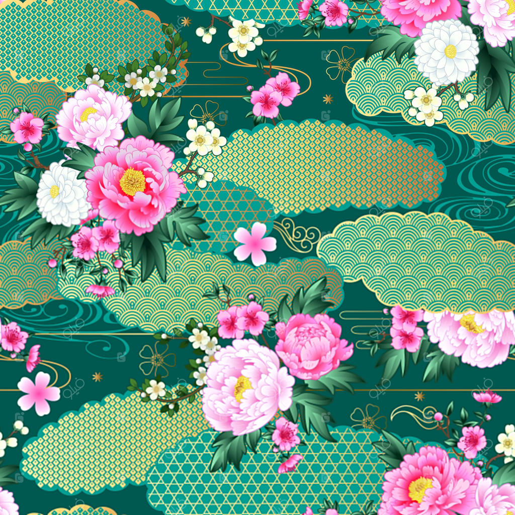 باغ ژاپنی در شب با گل‌های صدتومانی شکوفه‌زده و ابرهای طلایی