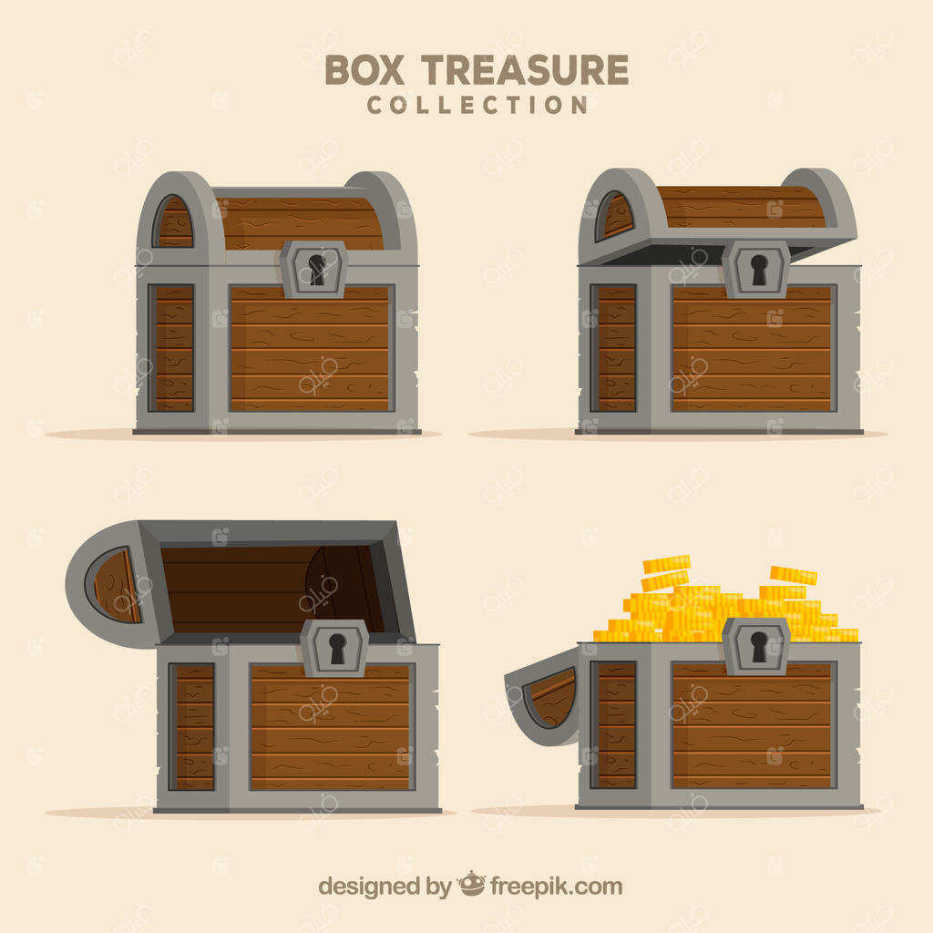 مجموعه‌ای از جعبه‌های گنج کارتونی باز و بسته