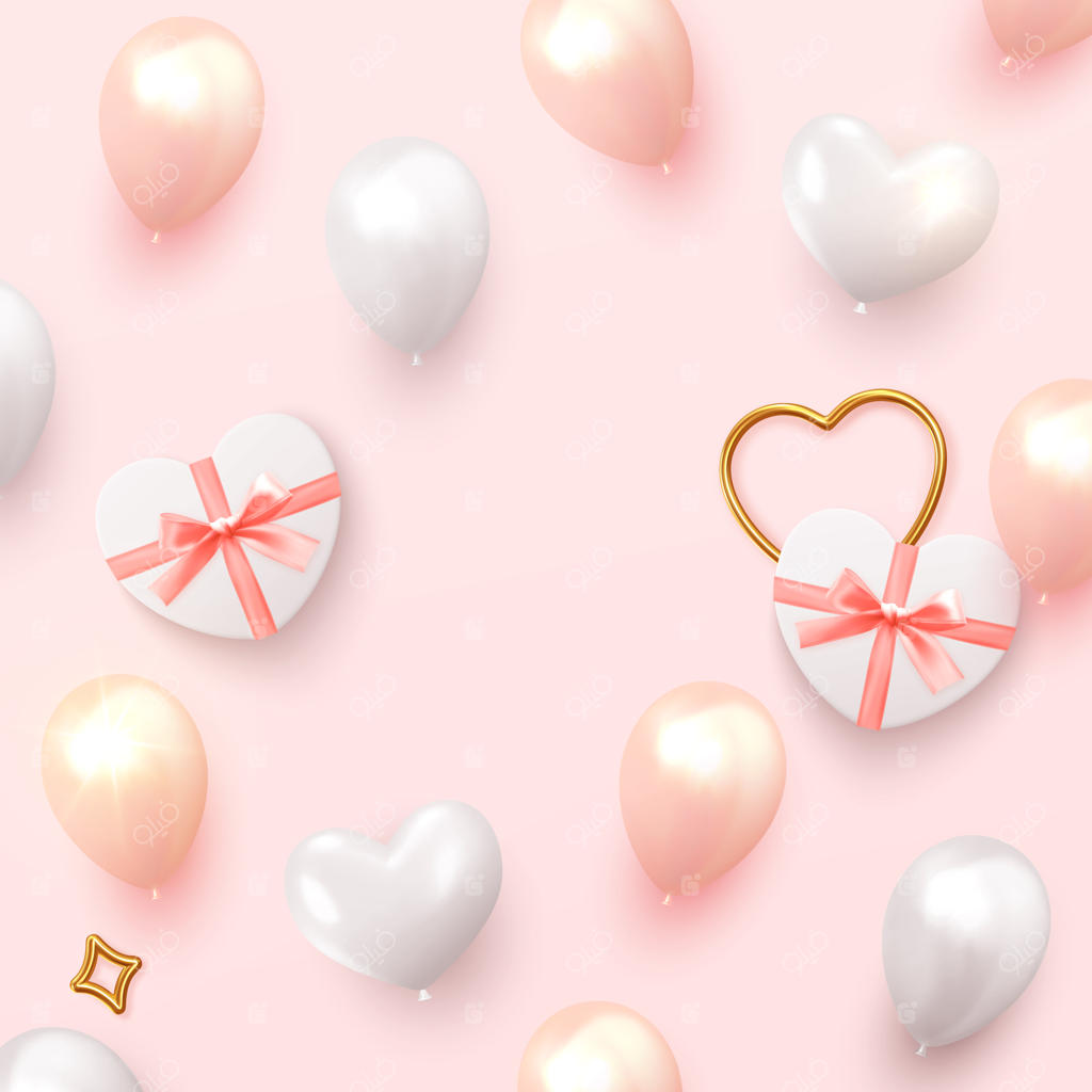 عاشقانه و عروسی در پس‌زمینه. طراحی هدیه‌های واقعی با جعبه قلبی، بادکنک‌های صورتی و سفید. تصویرسازی وکتور