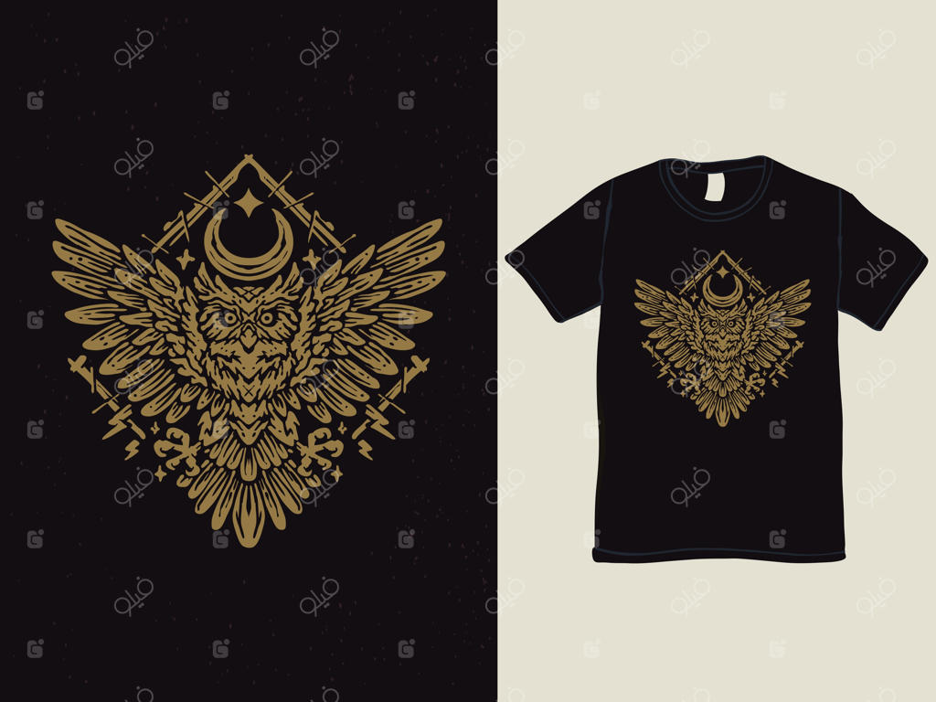 طراحی تی‌شرت جغد با سبک وینتج و ماه