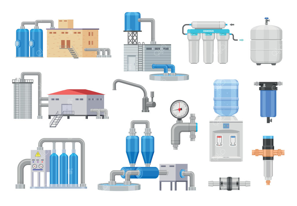 آب تصفیه‌شده: تجهیزات تصفیه خانگی با فیلترها، مخزن آب پاک و شیرآلات، دستگاه تصفیه آب صنعتی و لوازم آشپزخانه خانگی. مجموعه وکتور