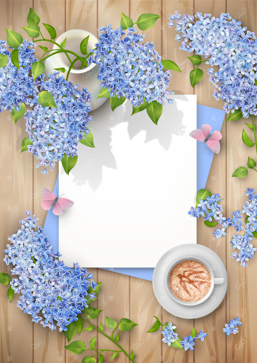 ترکیب بهاری از بالا با برگه‌های کاغذ خالی، گل یاس بنفش در گلدان سرامیکی و یک فنجان قهوه