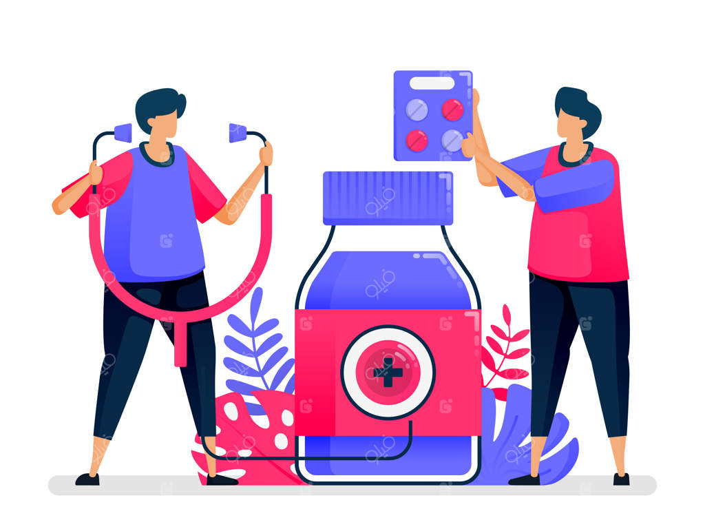 تصویرسازی مسطح از خدمات بهداشتی و ارائه‌دهندگان دارو برای بیمارستان و کلینیک‌ها. طراحی برای مراقبت‌های سلامت.