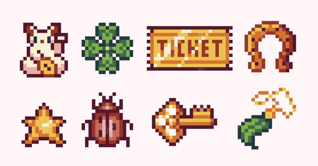 مجموعه پیکسل آرت نمادهای شانس. مجموعه طلسم‌های خوشبختی. بلیت طلایی، کلید، مانکی نکو، نعل اسب