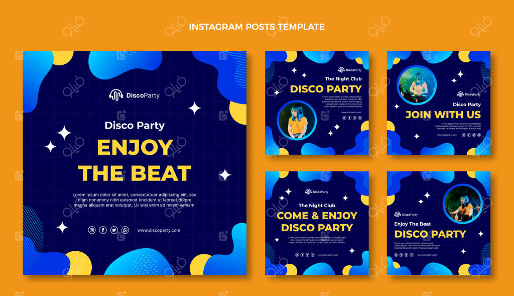 مجموعه پست‌های اینستاگرامی با طراحی انتزاعی و گرادیانی برای مهمانی دیسکو