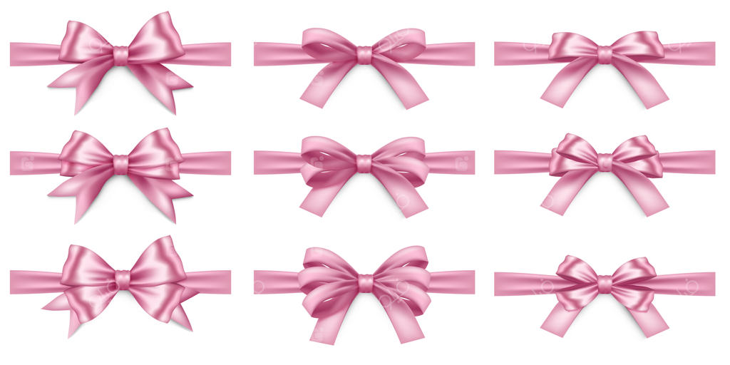 مجموعه بزرگی از روبان‌ها و پاپیون‌های صورتی و واقع‌گرایانه به طور جداگانه