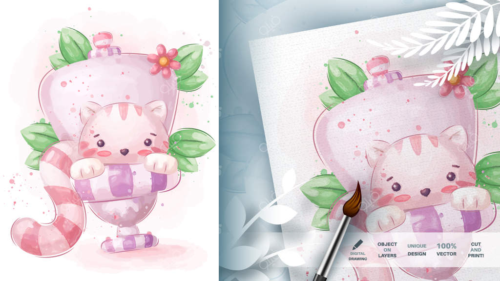 شخصیت کارتونی گربه با آبرنگ روی توالت