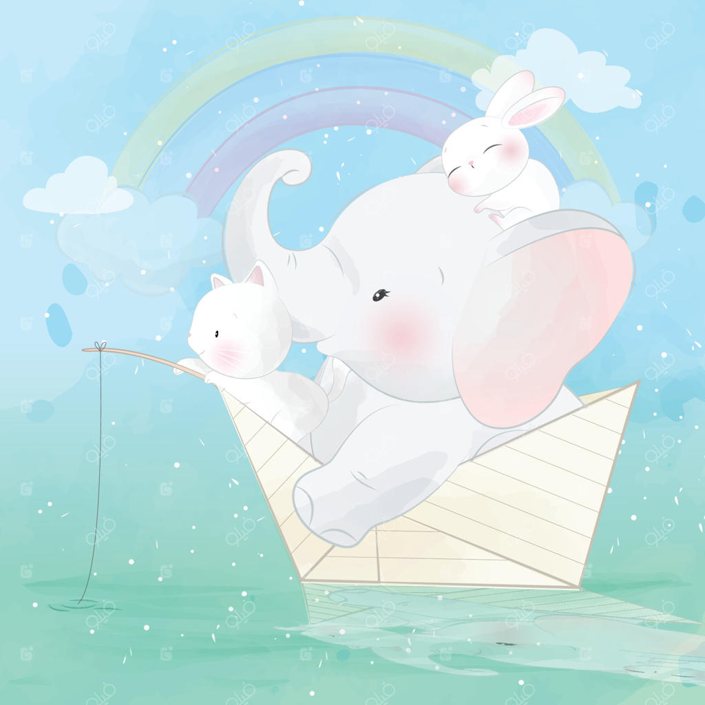 تصویرسازی فیل بامزه و گربه روی قایق