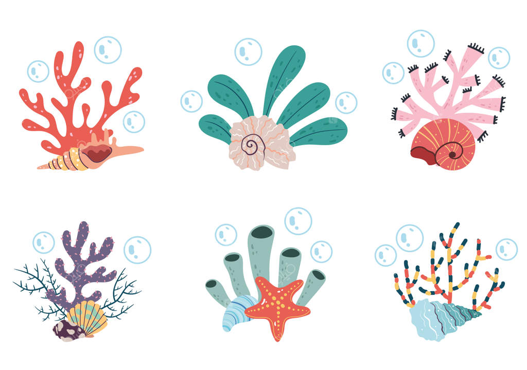 جلبک‌های دریایی در کف دریا - مجموعه‌ای از طراحی‌های کارتونی تخت