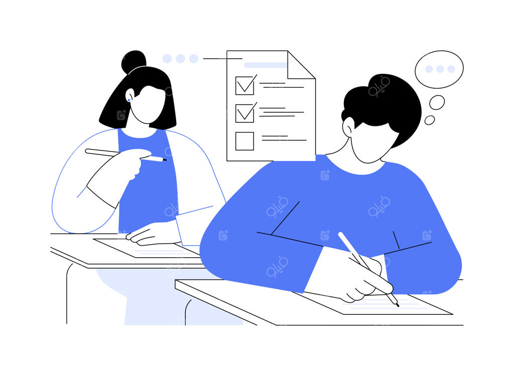 وکتور کارتونی گروه دانشجویان در حال امتحان دادن در کلاس درس؛ تصویرسازی آزمون کتبی و سنجش دانش در دانشگاه