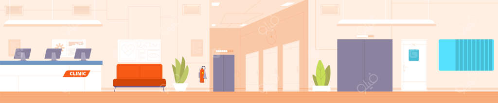 تصویر داخلی سالن بیمارستان و راهرو کلینیک - راهرو خالی، اتاق پذیرش پزشکی، درهای دفتر دکتر، پیشخوان کار، اورژانس و سلامت: تصویرسازی زیبا و وکتور طراحی شده.