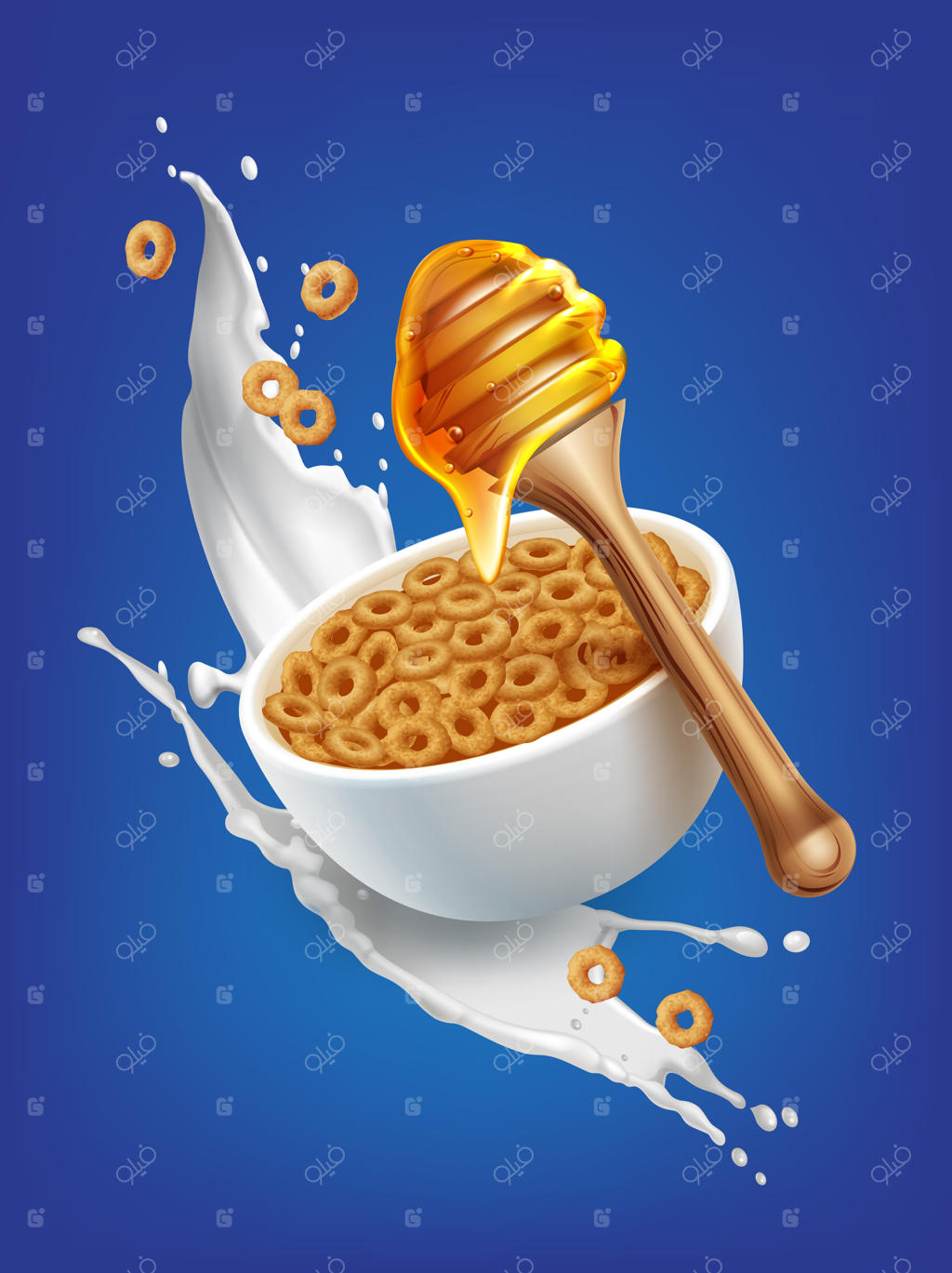 تصویر حلقه‌های غلات صبحانه در کاسه با پاشیدن شیر و یک قاشق عسل