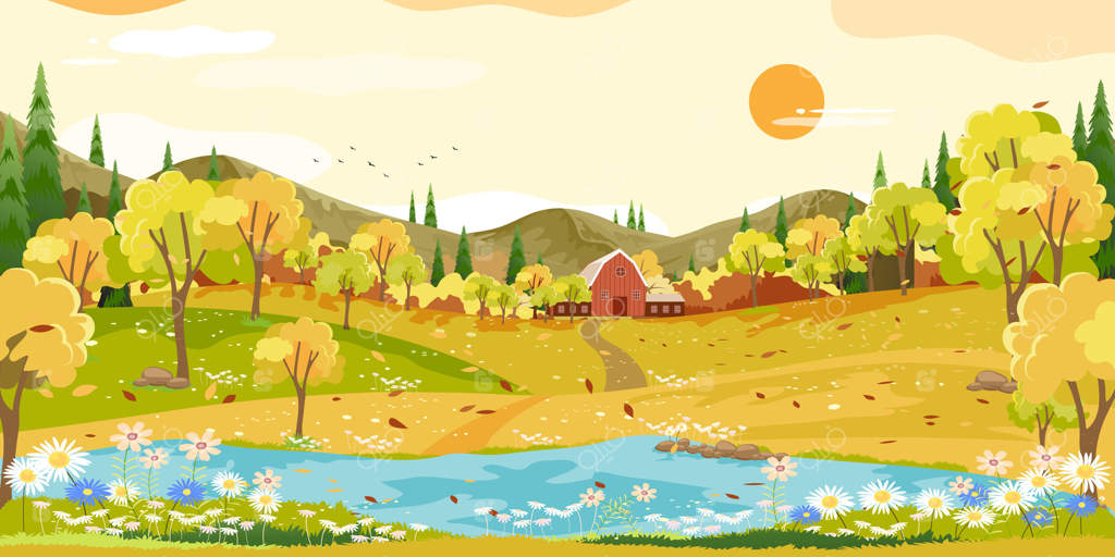 منظره پاییزی: صحنه کارتونی فصل پاییز با برگ‌های نارنجی افرا. بنر افقی از طبیعت با آسمان، کوه و گل‌های باغ. طرحی برای کاغذ دیواری جشن برداشت محصول.