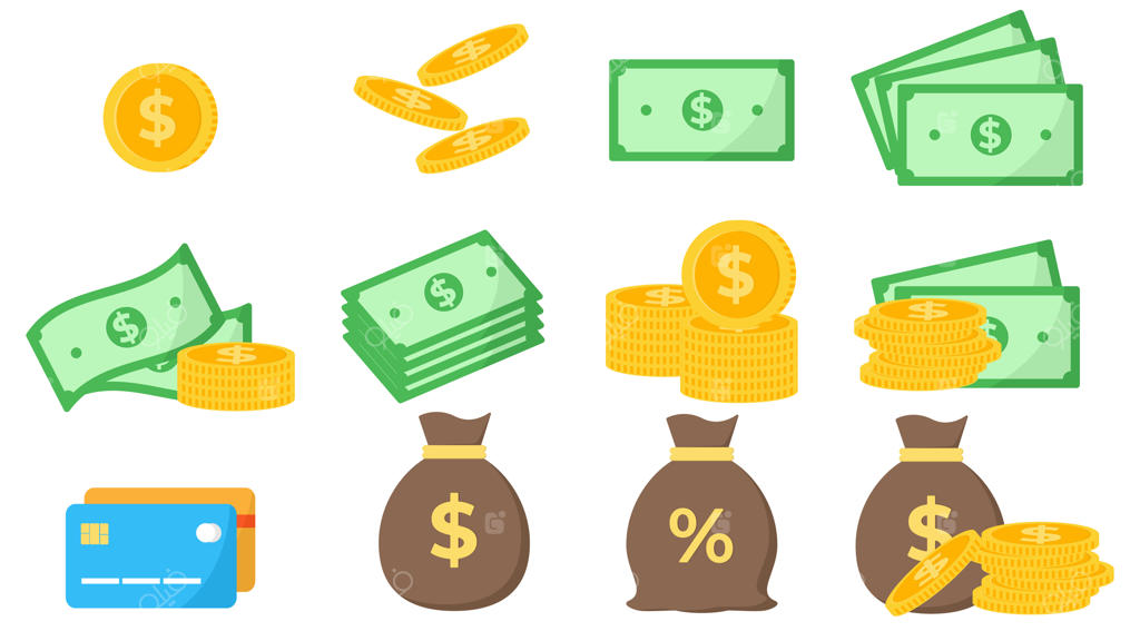 مجموعه آیکون وکتور دلار، سکه، کیسه پول و کارت اعتباری؛ طرح دستی المان‌های پولی