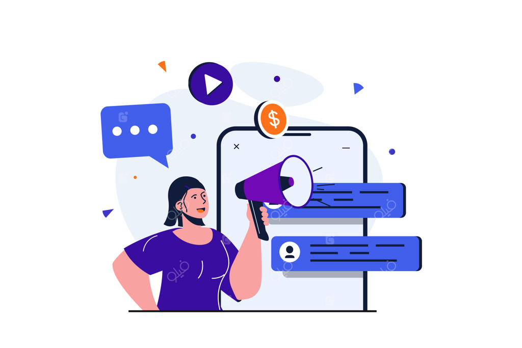 مفهوم مدرن بازاریابی دیجیتال برای طراحی بنر وب - زنی با بلندگو تبلیغات می‌کند