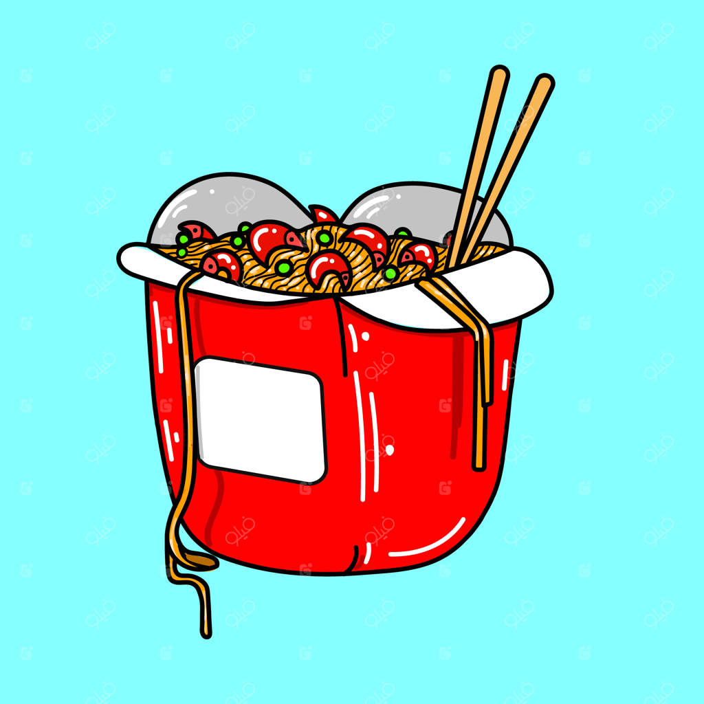 جعبه غذای چینی با نودل و غذاهای دریایی