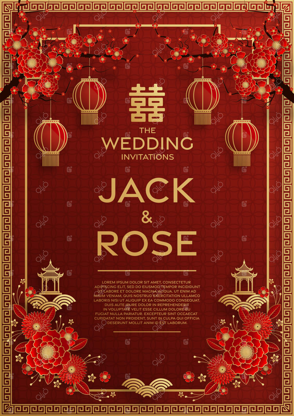 ترجمه کارت عروسی چینی سنتی با پس‌زمینه قرمز و طلایی: "دو شادی"