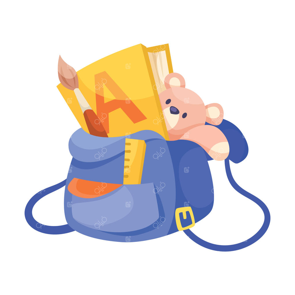 کوله‌پشتی با کتاب و قلم‌مو به عنوان اقلام و لوازم آموزشی مدرسه - طرح ترکیبی