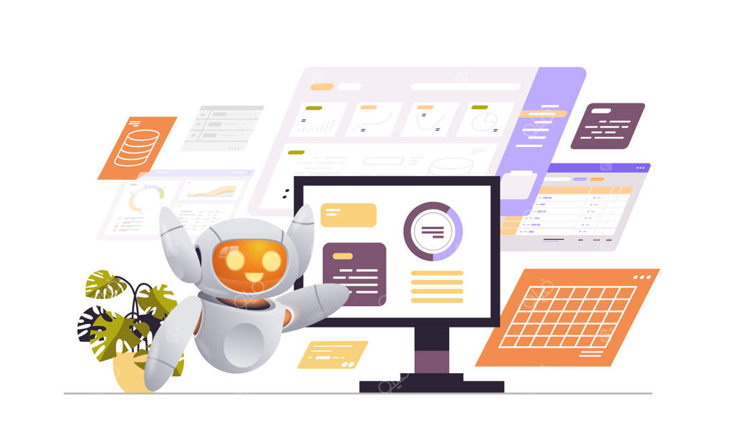 ربات مدرن در حال تحلیل داده‌های مالی بر روی نمودارهای مجازی - مفهوم فناوری هوش مصنوعی و برنامه‌ریزی گزارشات