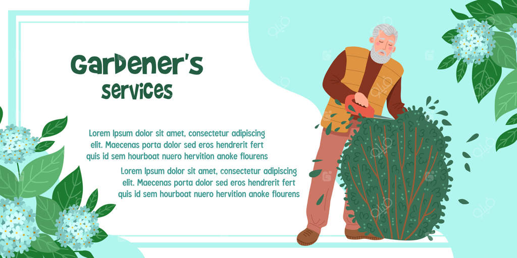 پیرمردی بته‌ای را هرس می‌کند. قالب بنر افقی تبلیغات خدمات باغبانی.