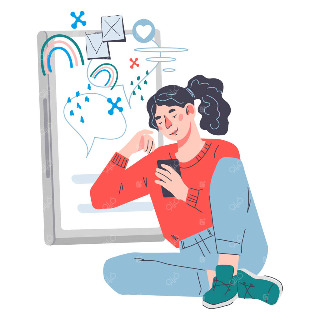 زنی در حال استفاده از گوشی هوشمند برای پیام‌رسانی و تبادل اسناد در شبکه‌های اجتماعی آنلاین