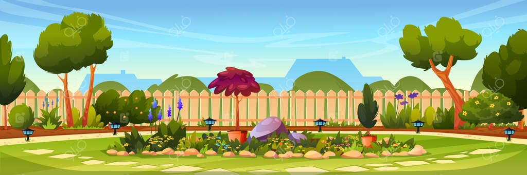 حیاط باغچه با حصار، درخت سبز و باغچه گل