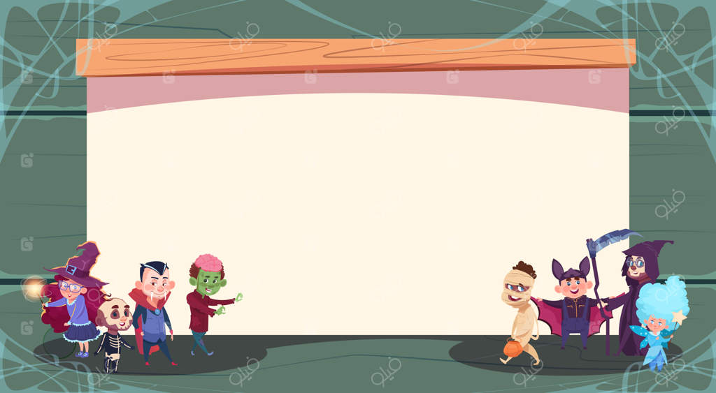 کارت تبریک هالووین: بچه‌های بامزه و هیولاها در پس‌زمینه‌ای خالی