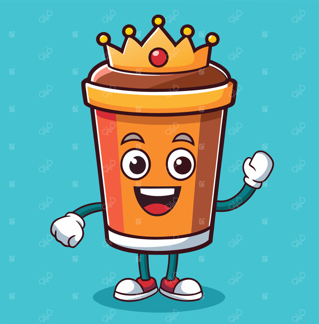 شخصیت کارتون فنجان قهوه پادشاه - طرحی شاد با تاج و طلسم