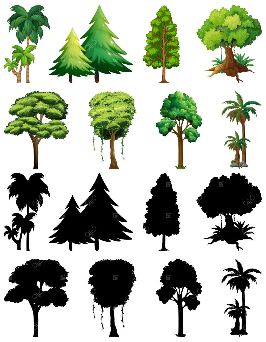 مجموعه‌ای از گیاهان و درختان با سایه آنها