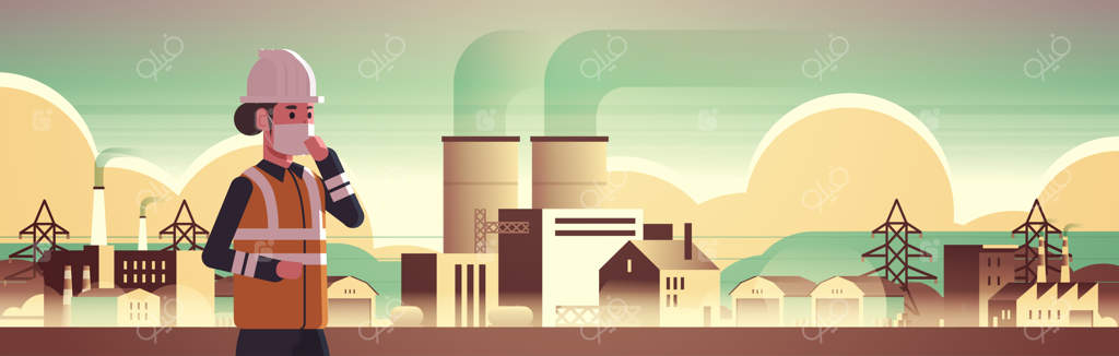 مهندسی زن با ماسک در منطقه صنعتی کارخانه مشغول به کار است