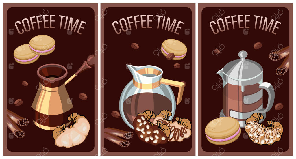 پوستر زمان قهوه: قهوه در قهوه‌جوش‌ها، چوب دارچین، ماکارون فرانسوی و کروسان‌های خوشمزه