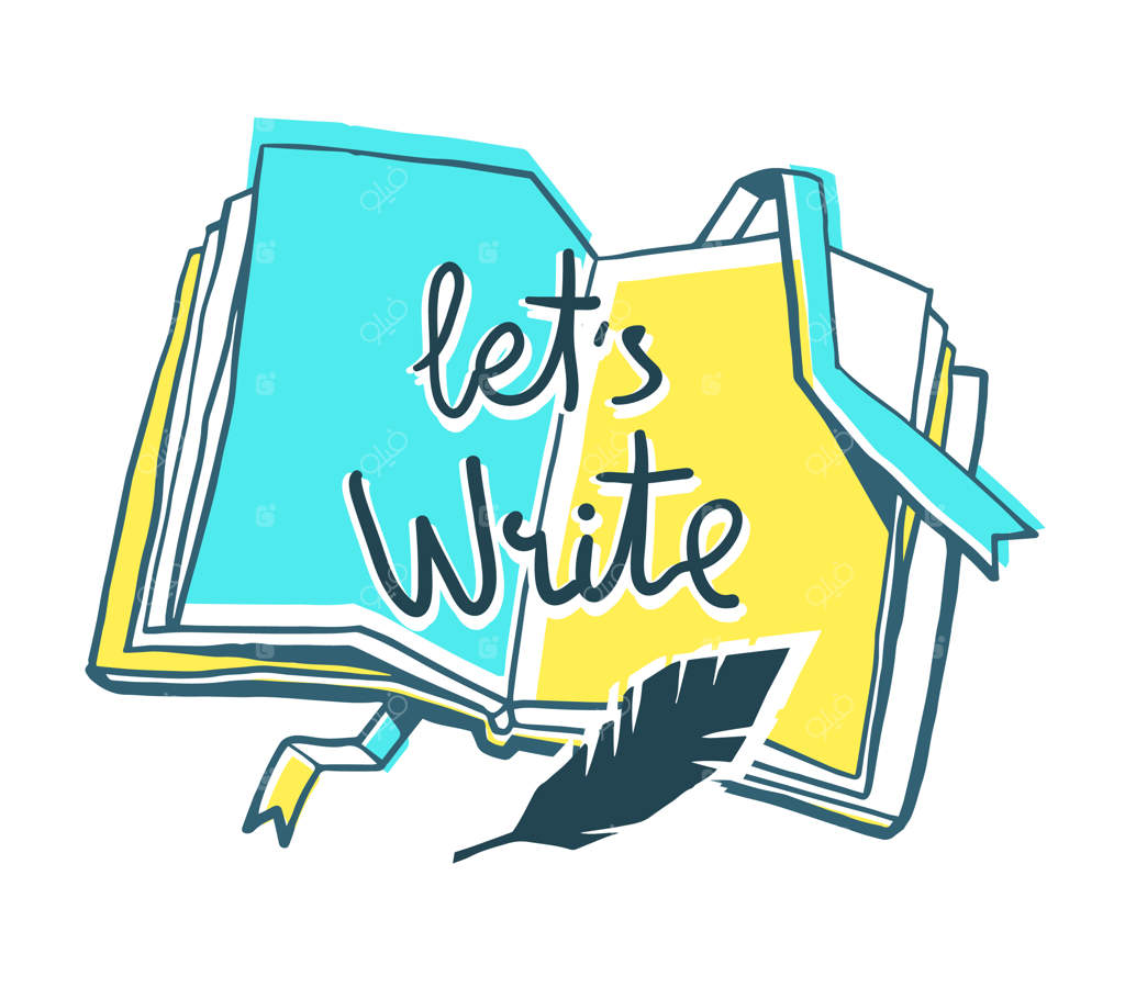 مفهوم آموزش و نویسندگی: تصویرسازی خلاقانه رنگی از کتابی گشوده با نشانک، پر پرنده و نوشته‌ای بر پس‌زمینه‌ای سفید.